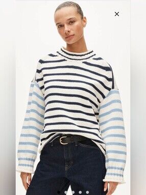 J.Crew 2025 Rollneck™ sweater in stripe Ivory Navy Blue Mist Sz XS $128 Viral
